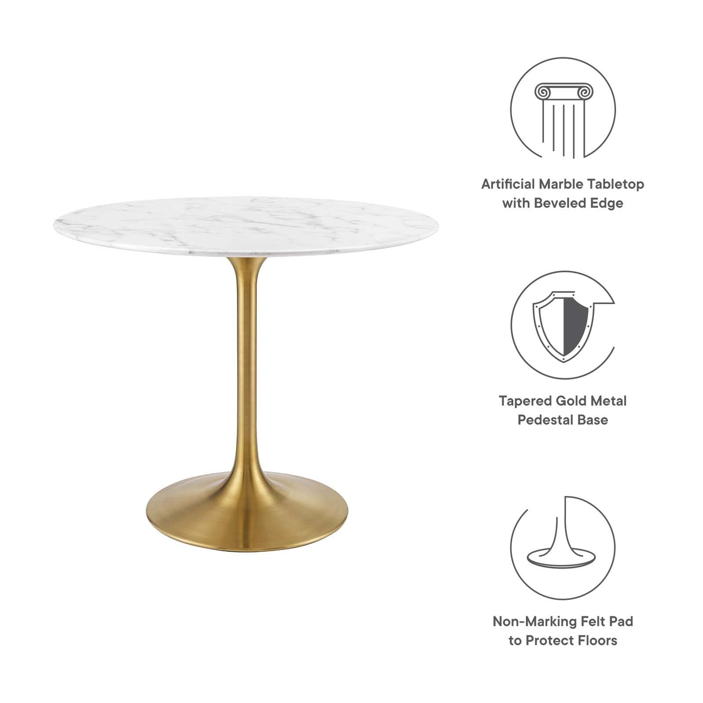 patio dining tables | CasaFoyer Lippa 36 Round Dining Table | Timeless Modern Design | Artificial Marble Top | Tapered Metal Base | Scratch & Chip Resistant | Gold White | casafoyer.myshopify.com