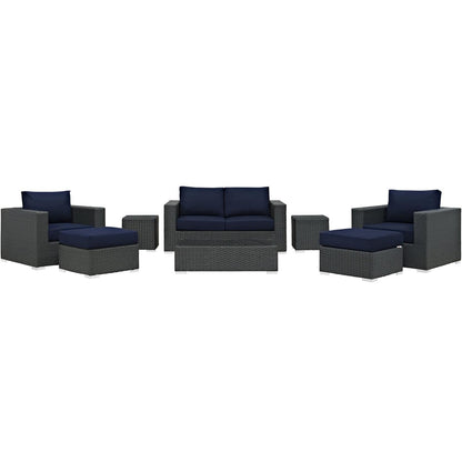 Patio Furniture Sets | Sojourn Outdoor Patio Furniture Set | Sunbrella Cushions | Synthetic Rattan | UV Protection | Aluminum Frame | Coffee Table, Loveseat, Armchairs, Ottomans, Side Tables | casafoyer.myshopify.com