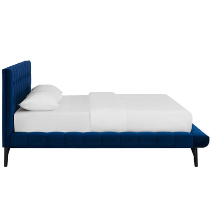 Bed | CasaFoyer Julia Queen Platform Bed | Sturdy Plywood Frame | Biscuit Tufted | Performance Velvet Upholstery | Wood Slat Support System | Navy | casafoyer.myshopify.com