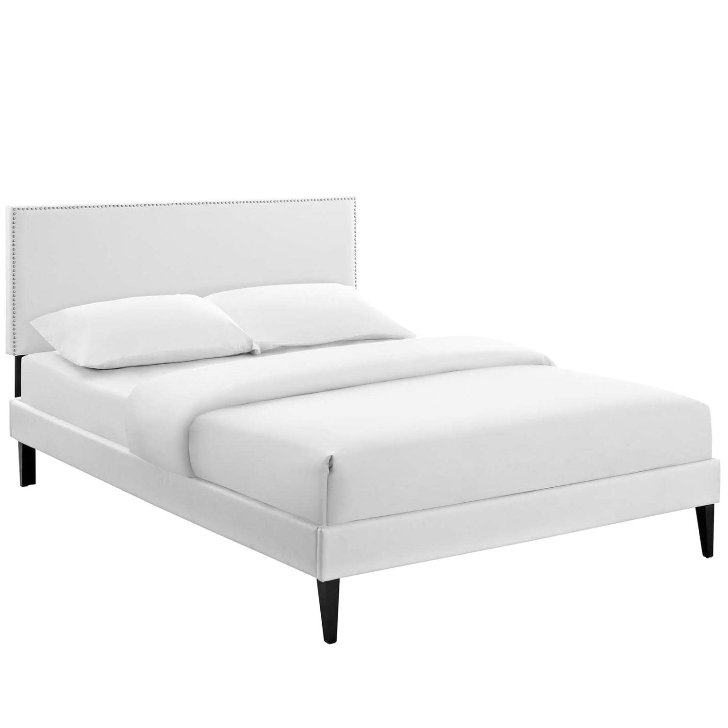 bed frames | CasaFoyer Macie Platform Bed | Solid Wood Frame | Vinyl Upholstery | Tapered Legs | Ideal for Memory Foam Mattresses | Queen Size | White | casafoyer.myshopify.com