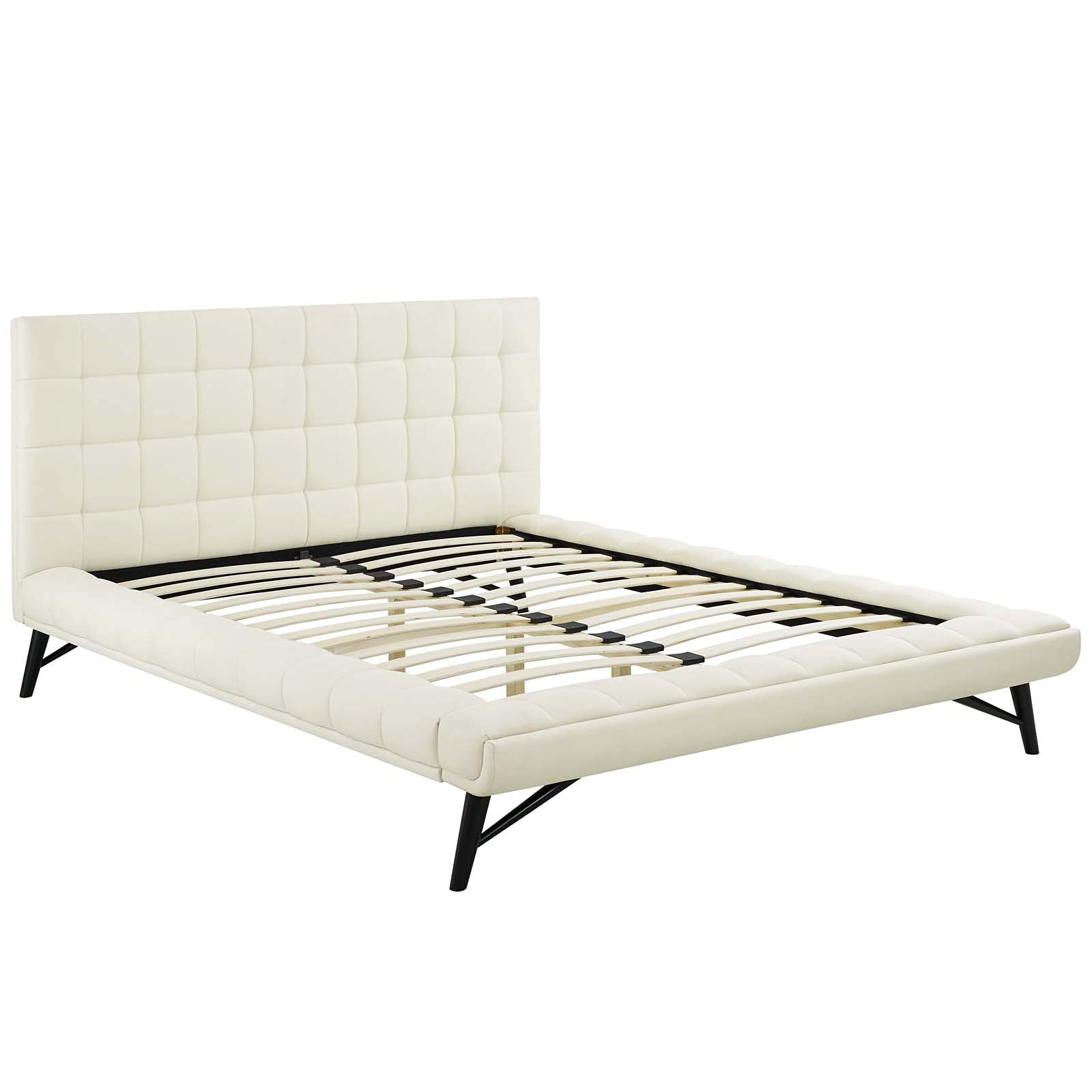Bed | CasaFoyer Julia Queen Platform Bed | Elegant & Sophisticated | Biscuit Tufted | Sturdy Plywood Frame | Wood Slat Support System | Ivory Fabric | casafoyer.myshopify.com