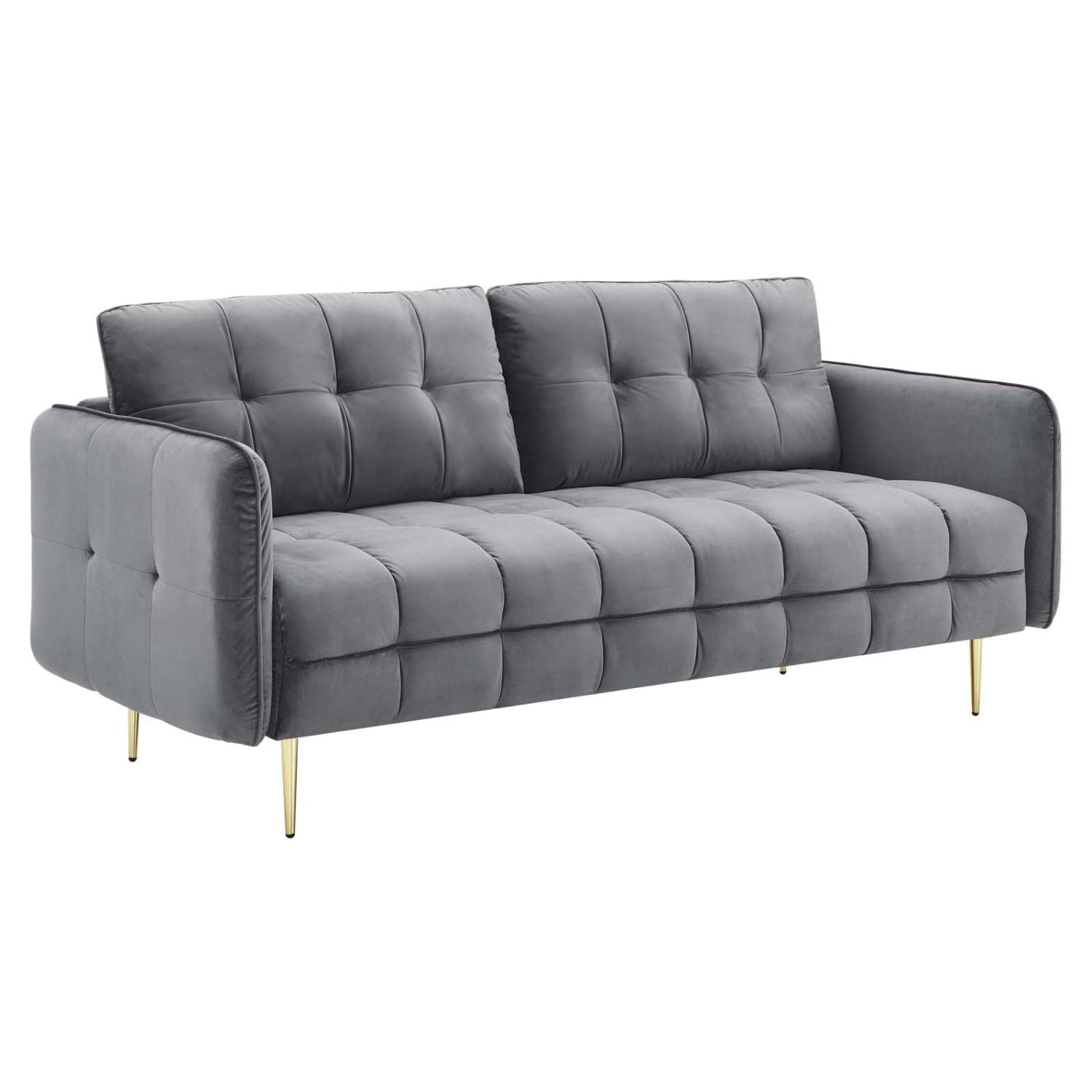 sofas | CasaFoyer Cameron Tufted Performance Velvet Sofa | Glamorous Mid-Century Modern Style | Stain-Resistant Upholstery | Luxurious Seating | Solid Wood Frame | Polished Gold Legs | Easy Assembly | Gray | casafoyer.myshopify.com
