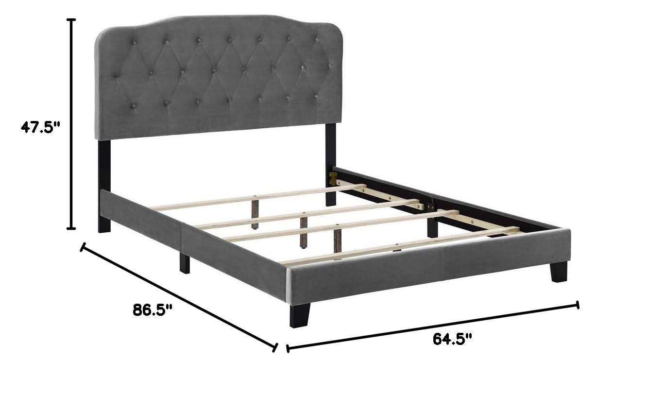 Bed | CasaFoyer Amelia Performance Velvet Queen Bed | Luxurious Design | Stain-Resistant | Button-Tufted Headboard | Solid Wood Construction | Non-Marking Legs | Maximum Stability | Elegant Curves | Opulent Appearance | Gray | casafoyer.myshopify.com