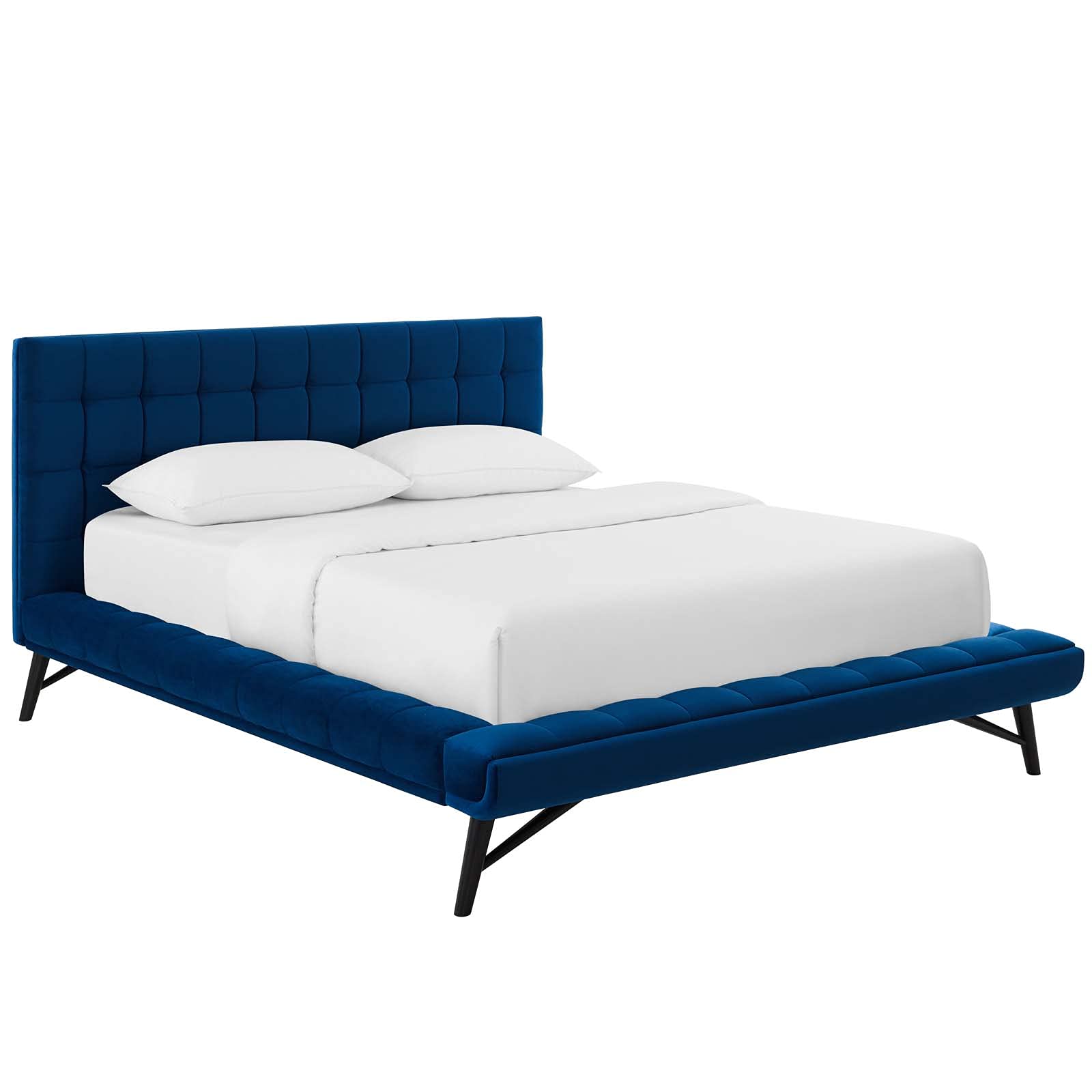 Bed | CasaFoyer Julia Queen Platform Bed | Sturdy Plywood Frame | Biscuit Tufted | Performance Velvet Upholstery | Wood Slat Support System | Navy | casafoyer.myshopify.com