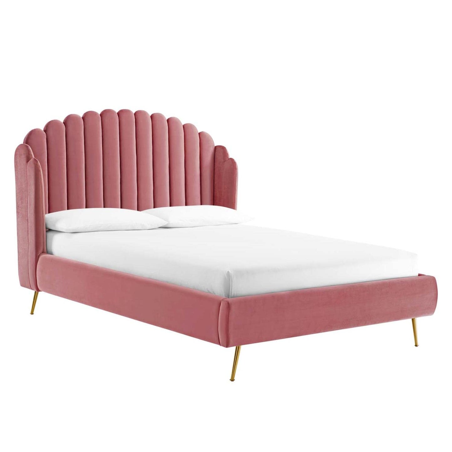 Bed | CasaFoyer Lana Performance Velvet Queen Platform Bed | Wingback Tufted Design | Stain-Resistant Velvet Upholstery | Gold Metal Legs | Wood Slat Support System | casafoyer.myshopify.com