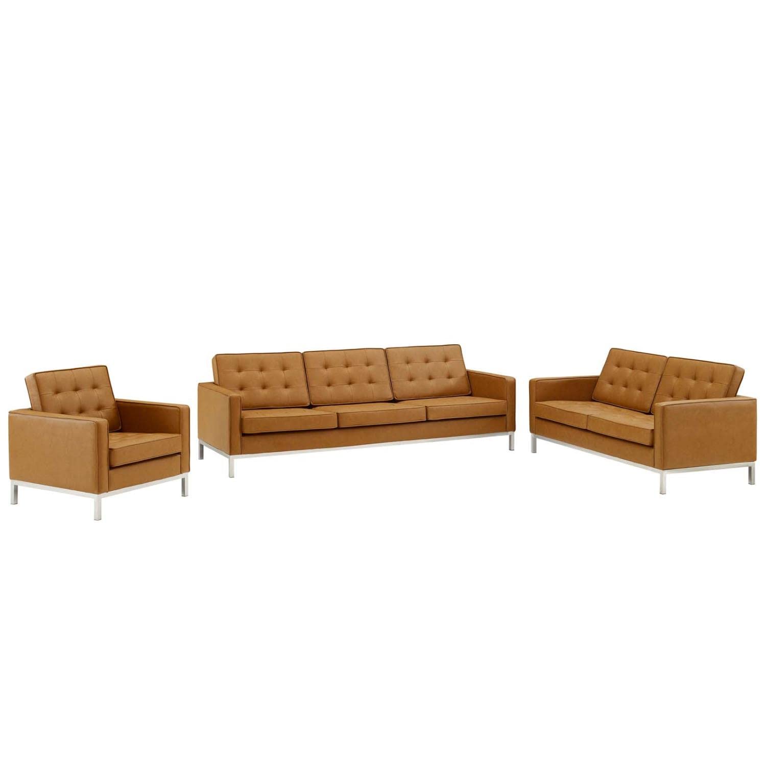 kitchen and dining room sets | CasaFoyer Loft Tufted Faux Leather Accent 3 Piece Set | Sofa, Loveseat, Armchair | Modern Design | Stainless Steel Frame | Silver Tan | casafoyer.myshopify.com