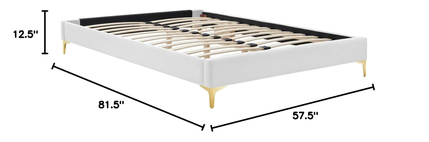 Bed | CasaFoyer Sutton Performance Velvet Full Bed Frame | Stain-Resistant Upholstery | Wood Slat Support | Gold Metal Legs | White | casafoyer.myshopify.com