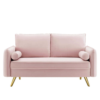 sofas | CasaFoyer Revive Upholstered Performance Velvet Loveseat | Comfortable & Elegant Design | Stain-Resistant | Gold Legs | Pink | casafoyer.myshopify.com