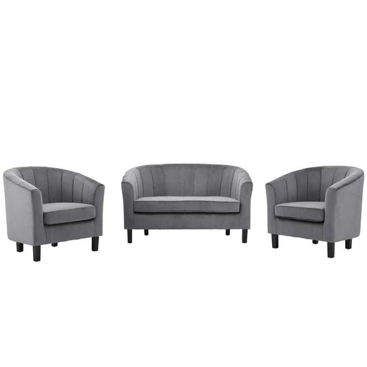 kitchen and dining room sets | CasaFoyer Prospect Performance Velvet Loveseat | 2 Armchair Set - Stain-Resistant | Channel Tufted | Retro Design - Gray | casafoyer.myshopify.com