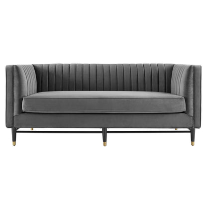 sofas | CasaFoyer Devote Channel Tufted Performance Velvet Loveseat | Retro Design | Stain-Resistant | Dense Foam Padding | Black Rubberwood Legs | Gold Stainless Steel Sleeves | Non-Marking Foot Caps | Gray | casafoyer.myshopify.com