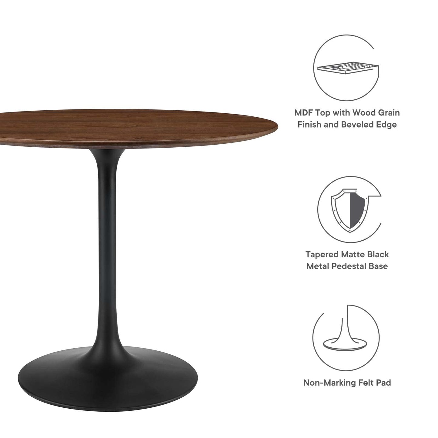 patio dining tables | CasaFoyer Lippa 36 Round Walnut Dining Table | Timeless Modernism | Elegant Form | Chip-Resistant Finish | Tapered Metal Base | casafoyer.myshopify.com