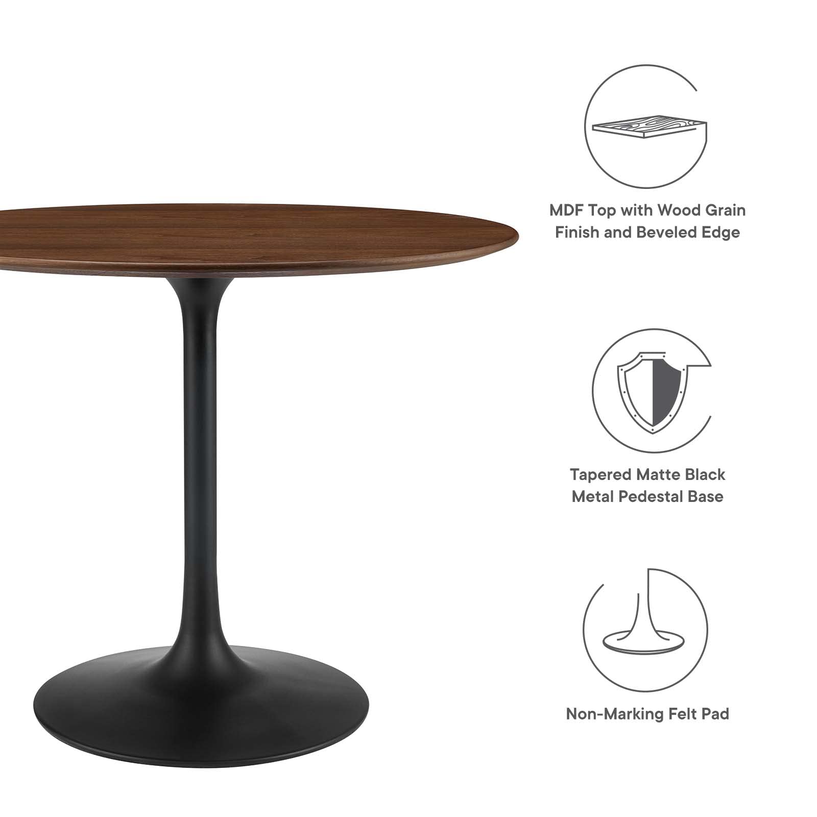 patio dining tables | CasaFoyer Lippa 36 Round Walnut Dining Table | Timeless Modernism | Elegant Form | Chip-Resistant Finish | Tapered Metal Base | casafoyer.myshopify.com