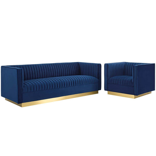 kitchen and dining room sets | CasaFoyer Sanguine Performance Velvet 2 Piece Set | Retro Modern Design | Stain-Resistant Upholstery | Ultimate Comfort & Support | Gold Base | Navy | casafoyer.myshopify.com