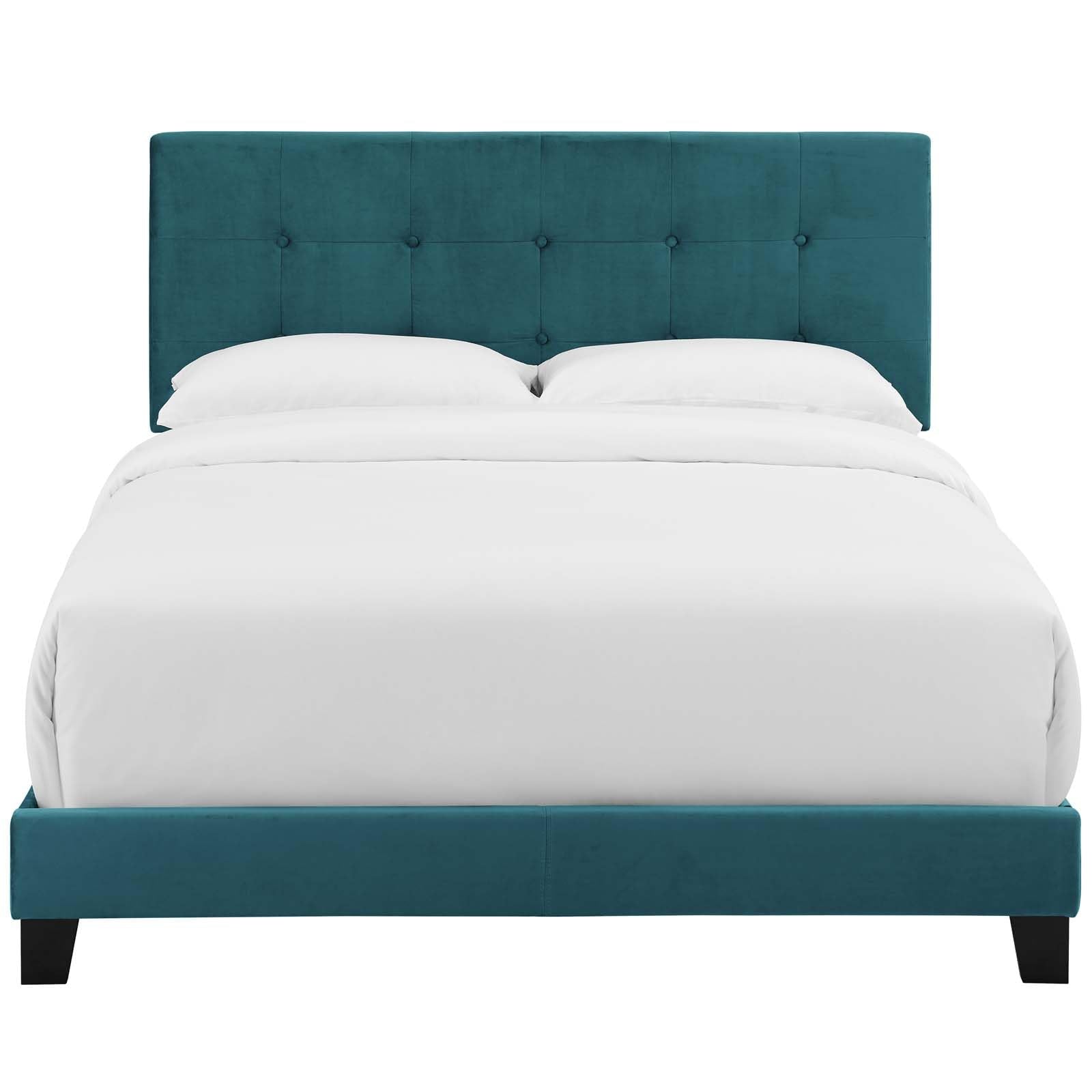 Bed | CasaFoyer Amira Performance Velvet Full Platform Bed | Chic & Comfortable | Stain-Resistant Fabric | Button-Tufted Headboard | Durable Wood Frame | Non-Marking Foot Caps | Reinforced Center Beams | Fits Various Mattresses | Elegant Bedroom Centerpiece | casafoyer.myshopify.com