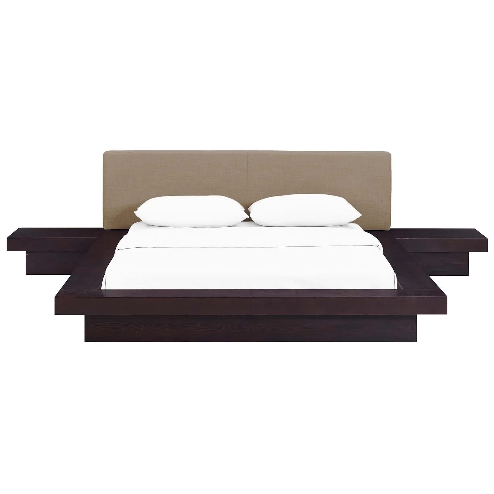bed frames | CasaFoyer Freja Bedroom Set | Sleek & Modern Design | Cappuccino Veneer | Foam Padded Headboard | Slatted Support System | Stable & Elegant Platform Bed | Queen Bed & 2 Side Tables | Mattress Not Included | casafoyer.myshopify.com