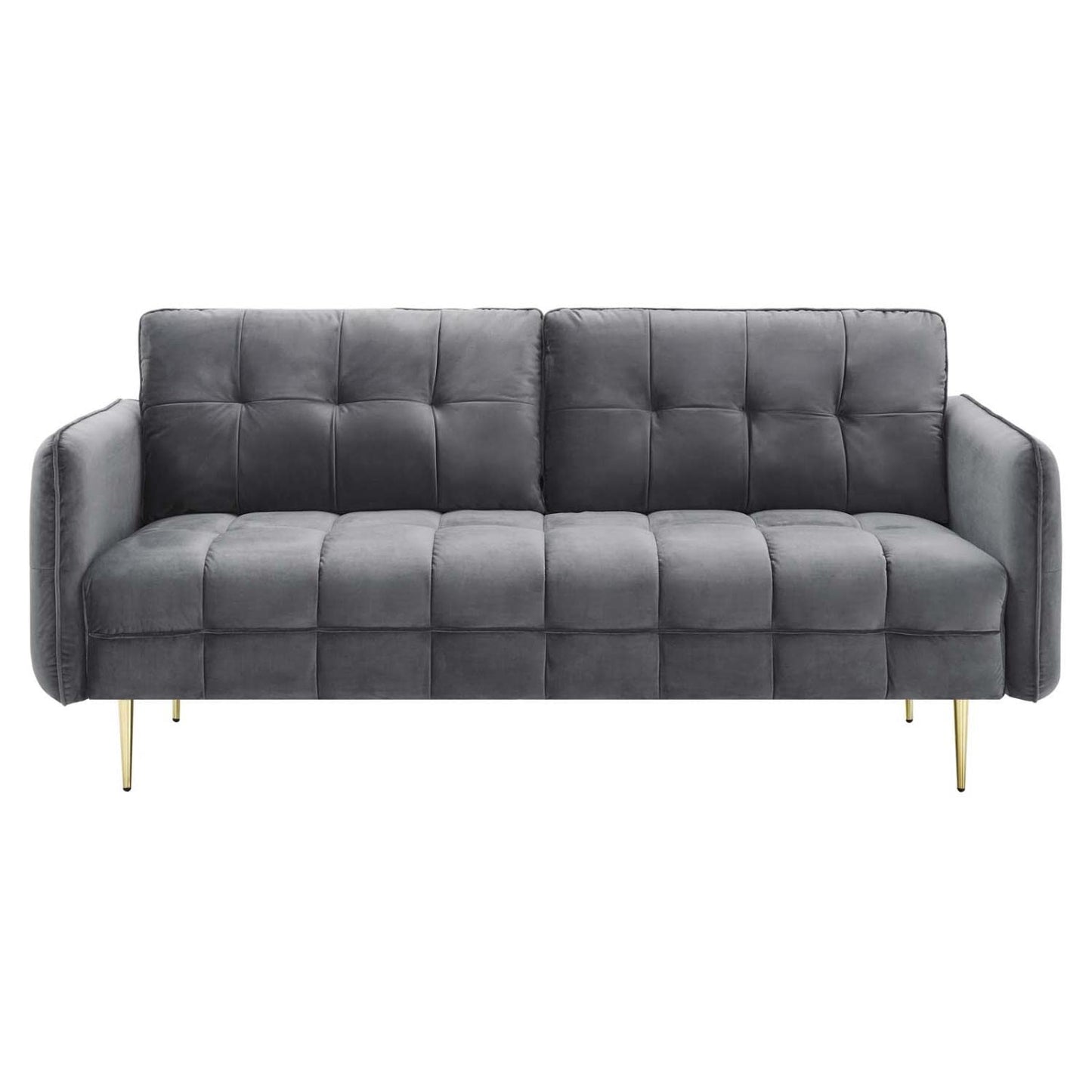 sofas | CasaFoyer Cameron Tufted Performance Velvet Sofa | Glamorous Mid-Century Modern Style | Stain-Resistant Upholstery | Luxurious Seating | Solid Wood Frame | Polished Gold Legs | Easy Assembly | Gray | casafoyer.myshopify.com