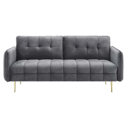 sofas | CasaFoyer Cameron Tufted Performance Velvet Sofa | Glamorous Mid-Century Modern Style | Stain-Resistant Upholstery | Luxurious Seating | Solid Wood Frame | Polished Gold Legs | Easy Assembly | Gray | casafoyer.myshopify.com