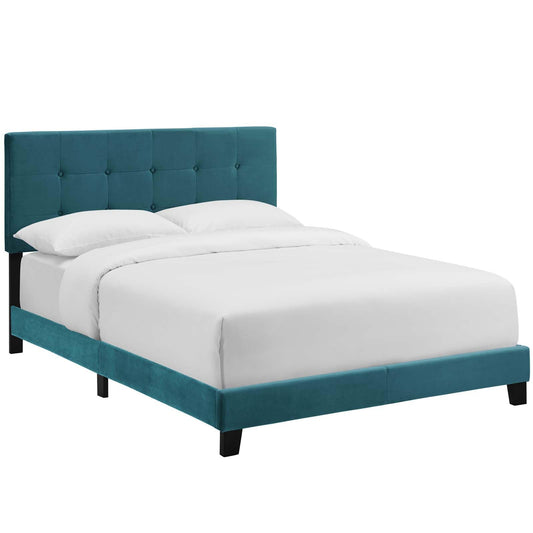 Bed | CasaFoyer Amira Performance Velvet Full Platform Bed | Chic & Comfortable | Stain-Resistant Fabric | Button-Tufted Headboard | Durable Wood Frame | Non-Marking Foot Caps | Reinforced Center Beams | Fits Various Mattresses | Elegant Bedroom Centerpiece | casafoyer.myshopify.com