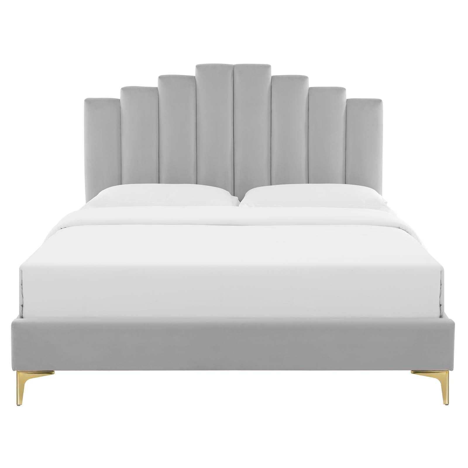 adjustable bed bases | CasaFoyer Elise Performance Velvet King Platform Bed | Glamorous Art Deco Style | Stain-Resistant | Gold Metal Legs | Memory Foam Compatible | Durable Poplar Wood Slat Support System | casafoyer.myshopify.com