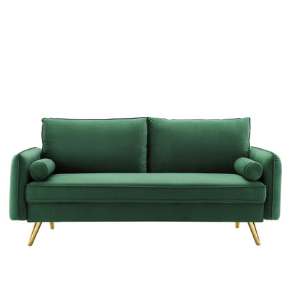 sofas | CasaFoyer Revive Upholstered Performance Velvet Sofa | Comfortable & Stylish Design | Stain-Resistant Upholstery | Splayed Gold Legs | Emerald | casafoyer.myshopify.com