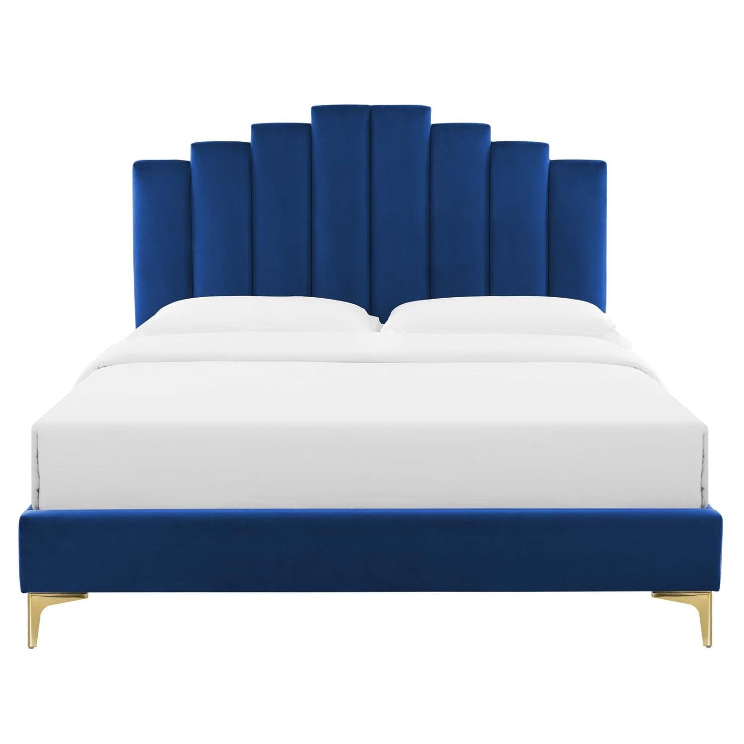 adjustable bed bases | CasaFoyer Elise Performance Velvet Full Platform Bed | Art Deco Style | Gold Metal Legs | Stain-Resistant | Memory Foam Compatible | Easy Assembly | Navy | casafoyer.myshopify.com
