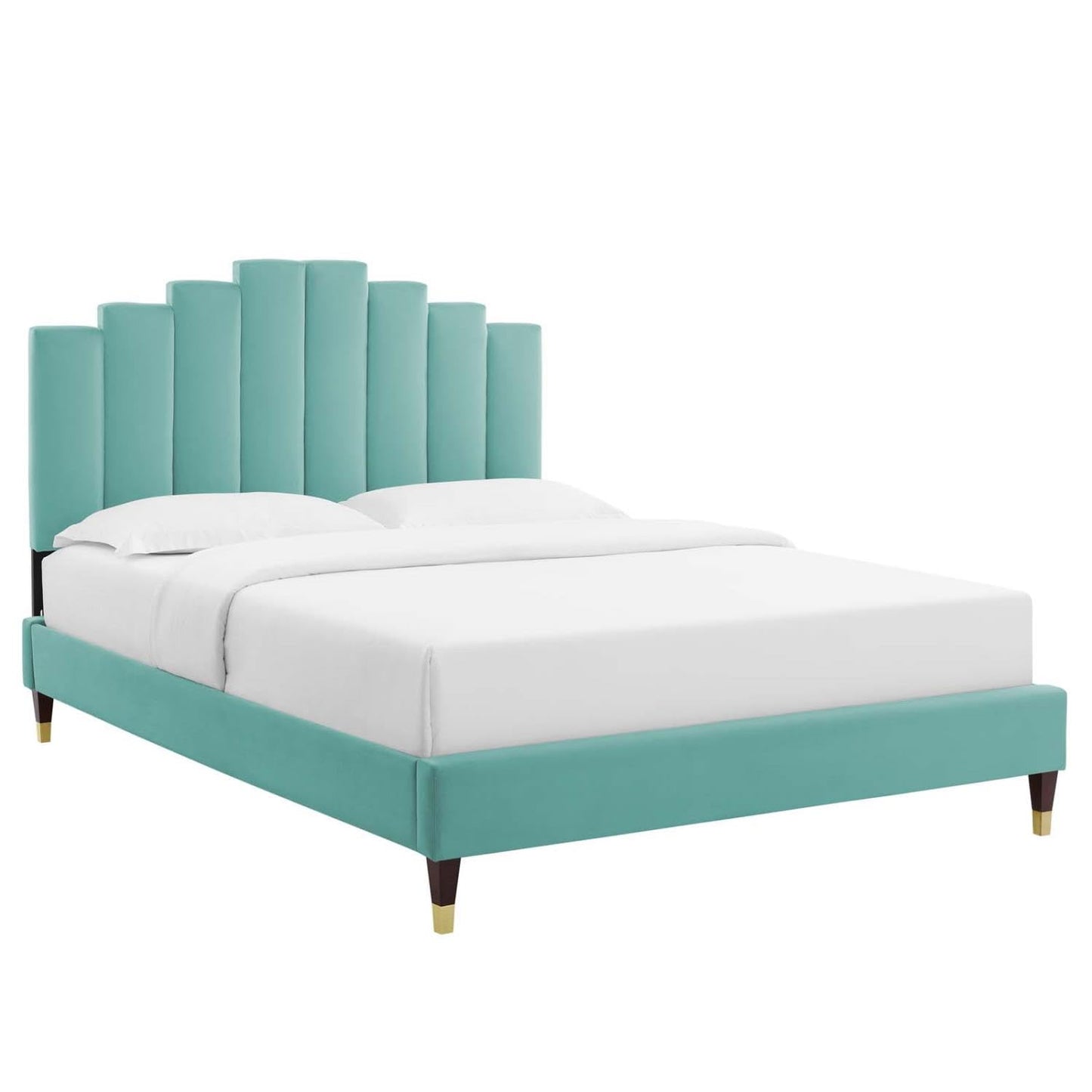 adjustable bed bases | CasaFoyer Elise Performance Velvet Queen Platform Bed | Art Deco Style | Stain-Resistant | Gold Metal Legs | Supports Memory Foam, Innerspring, Latex, Hybrid Mattresses | casafoyer.myshopify.com
