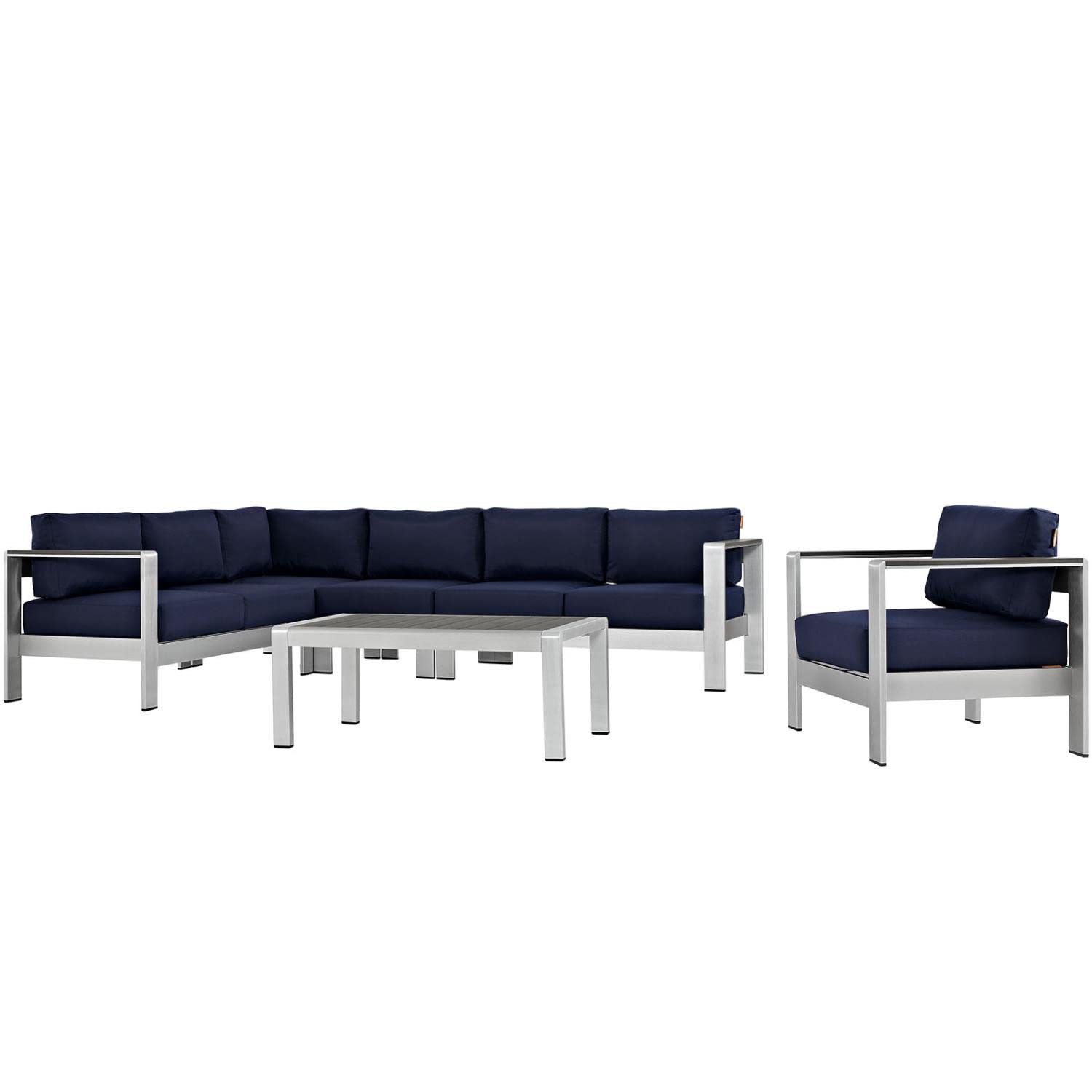 kitchen and dining room sets | CasaFoyer Shore Outdoor Patio Collection | 6 Piece Aluminum Sectional Sofa Set | Durable & Weatherproof | Silver Navy | casafoyer.myshopify.com
