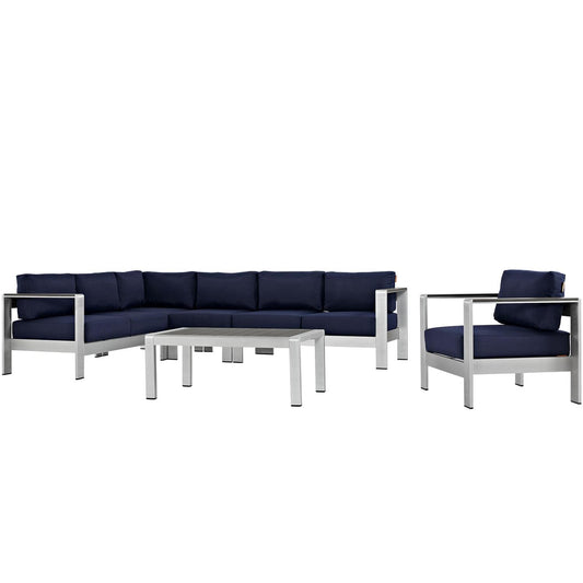 kitchen and dining room sets | CasaFoyer Shore Outdoor Patio Collection | 6 Piece Aluminum Sectional Sofa Set | Durable & Weatherproof | Silver Navy | casafoyer.myshopify.com