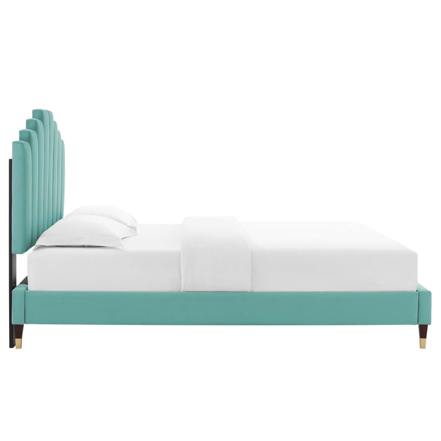 adjustable bed bases | CasaFoyer Elise Performance Velvet Queen Platform Bed | Art Deco Style | Stain-Resistant | Gold Metal Legs | Supports Memory Foam, Innerspring, Latex, Hybrid Mattresses | casafoyer.myshopify.com