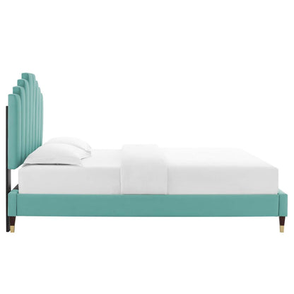 adjustable bed bases | CasaFoyer Elise Performance Velvet Queen Platform Bed | Art Deco Style | Stain-Resistant | Gold Metal Legs | Supports Memory Foam, Innerspring, Latex, Hybrid Mattresses | casafoyer.myshopify.com