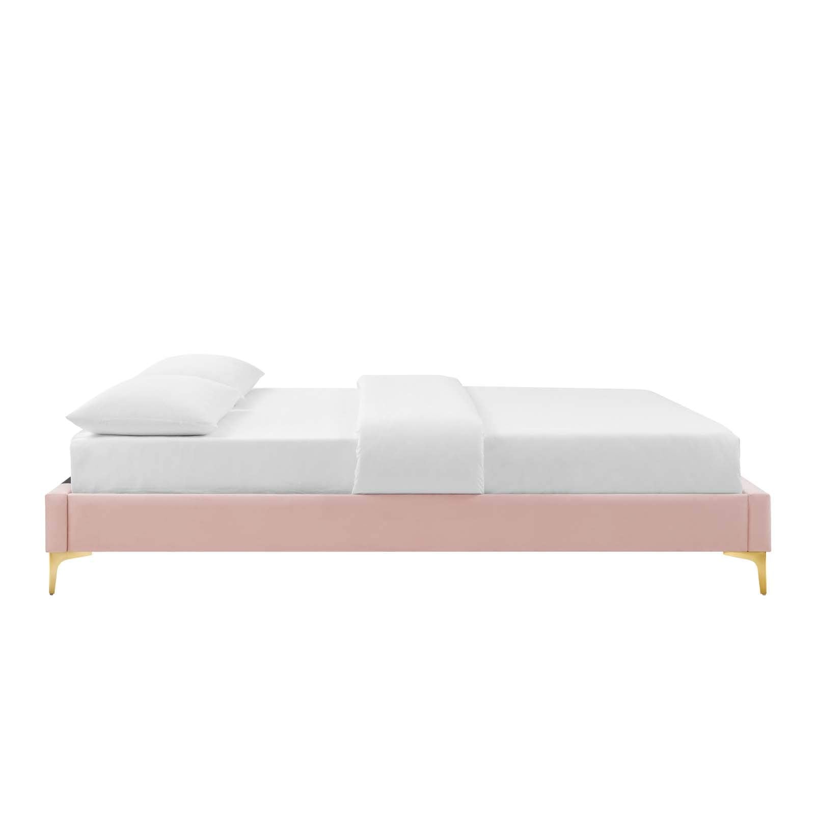 Bed | CasaFoyer Sutton Performance Velvet King Bed Frame | Stain-Resistant | Durable | No Box Spring Needed | Gold Metal Legs | Versatile | Compatible with Various Headboards | Pink | casafoyer.myshopify.com