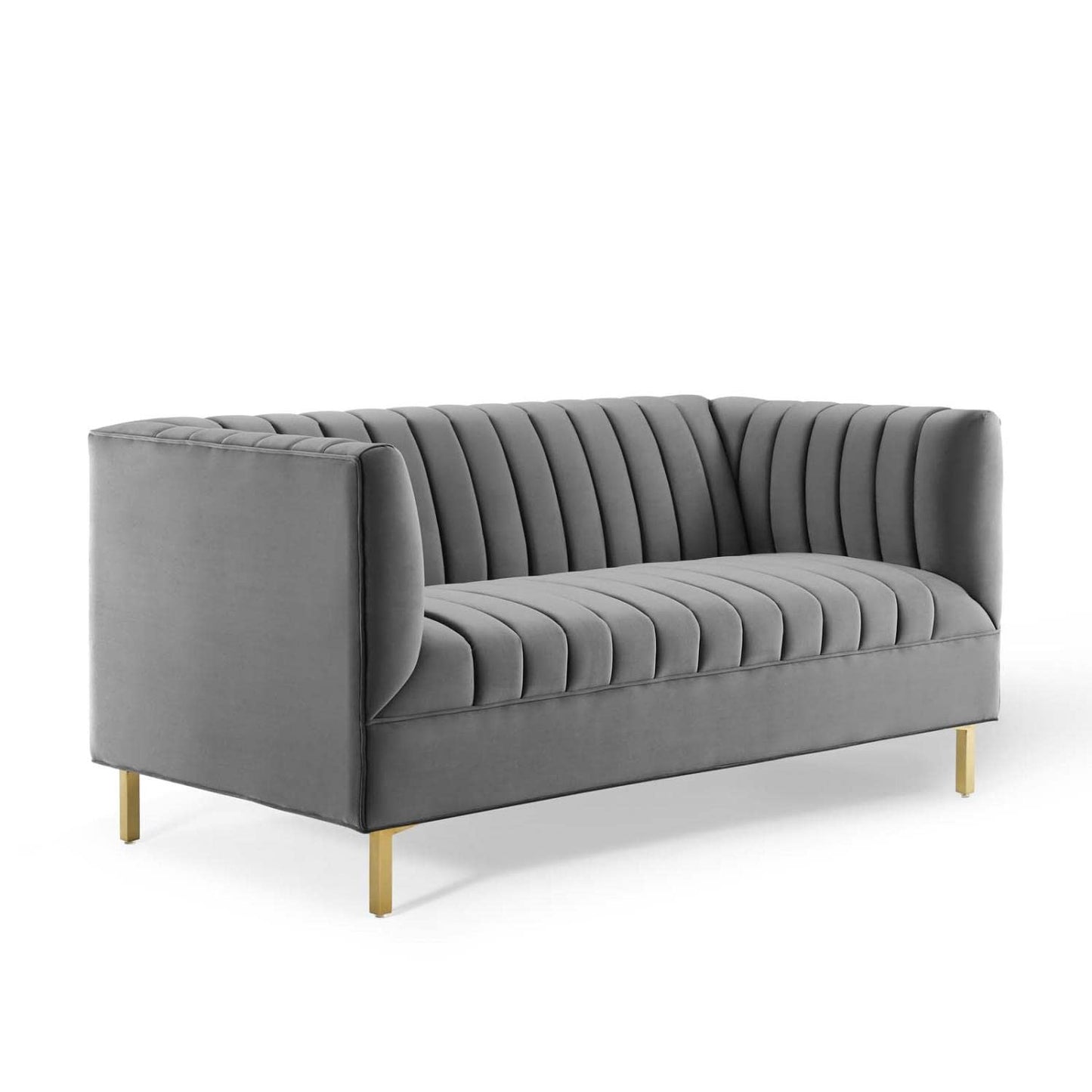 sofas | CasaFoyer Shift Channel Tufted Performance Velvet Living Room Loveseat | Elegant Gray Two-Seater Couch | Gold Stainless Steel Legs | Stain-Resistant & Durable | Assembly Required | 600 lbs Weight Capacity | casafoyer.myshopify.com