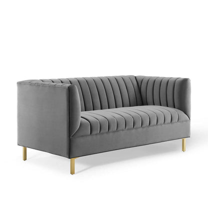 sofas | CasaFoyer Shift Channel Tufted Performance Velvet Living Room Loveseat | Elegant Gray Two-Seater Couch | Gold Stainless Steel Legs | Stain-Resistant & Durable | Assembly Required | 600 lbs Weight Capacity | casafoyer.myshopify.com