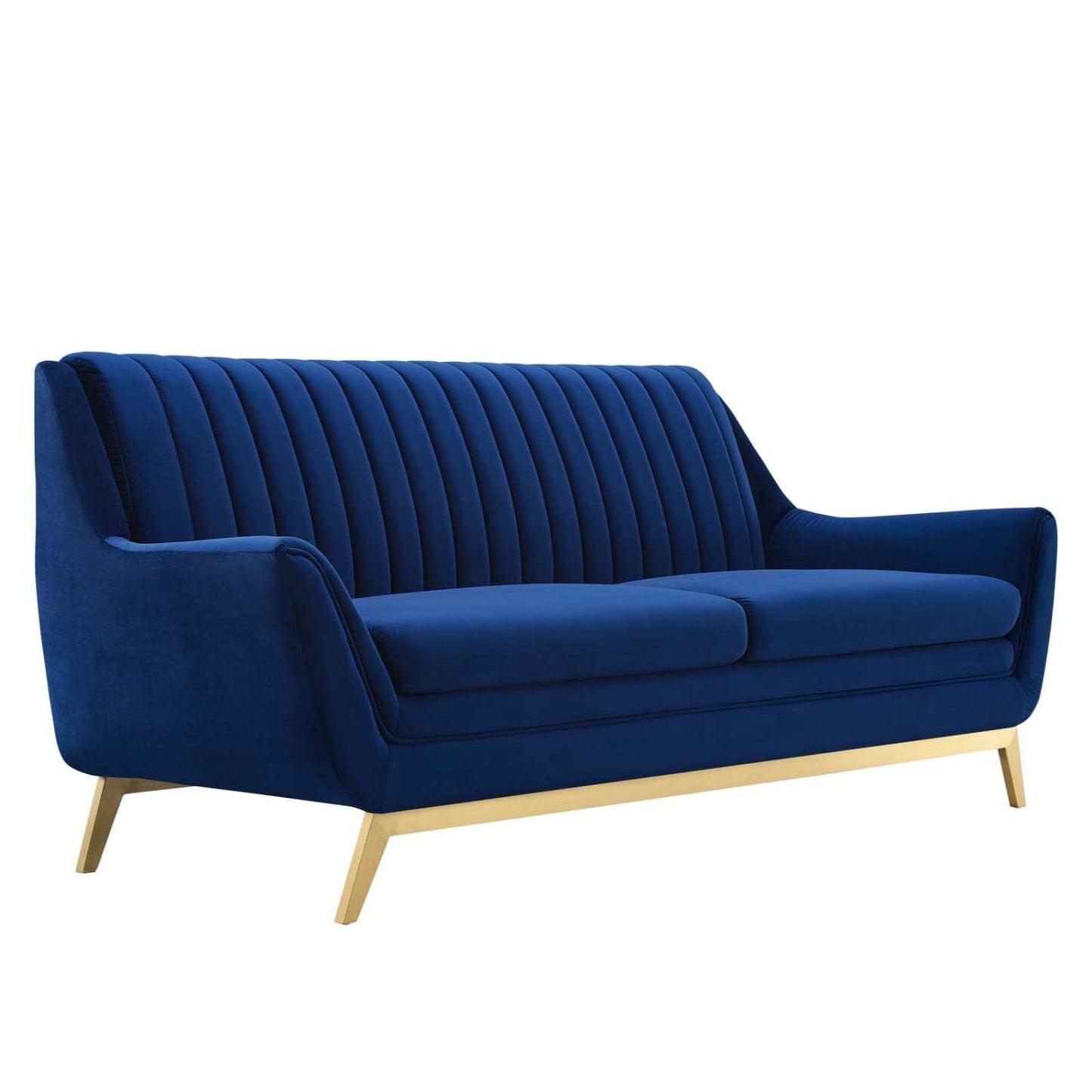 sofas | CasaFoyer Winsome Channel Tufted Performance Velvet Sofa | Vintage Charm with Modern Twist | Stain-Resistant | Comfortable & Durable | Gold Metal Detail | Flared Silhouette | Navy | casafoyer.myshopify.com
