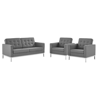 kitchen and dining room sets | CasaFoyer Loft Tufted Faux Leather Loveseat | 2 Armchair Set - Modern Design | Stainless Steel Frame | Button Tufting - Silver Gray | casafoyer.myshopify.com