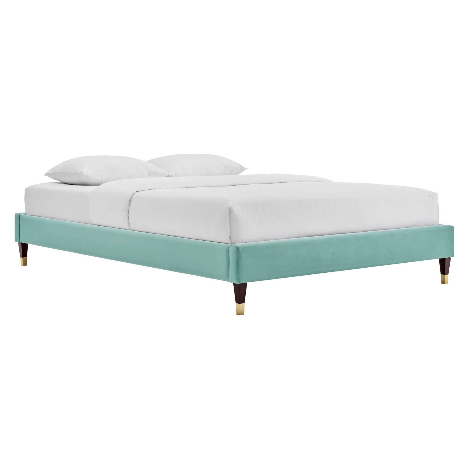 bed frames | CasaFoyer Harlow Performance Velvet Full Bed Frame | Glamorous & Opulent | Wood Legs & Gold Metal Sleeves | Stain-Resistant Velvet | Compatible with Various Mattress Types | Durable & Stable | Assembly Required | 800 lbs. Weight Capacity (Mint) | casafoyer.myshopify.com