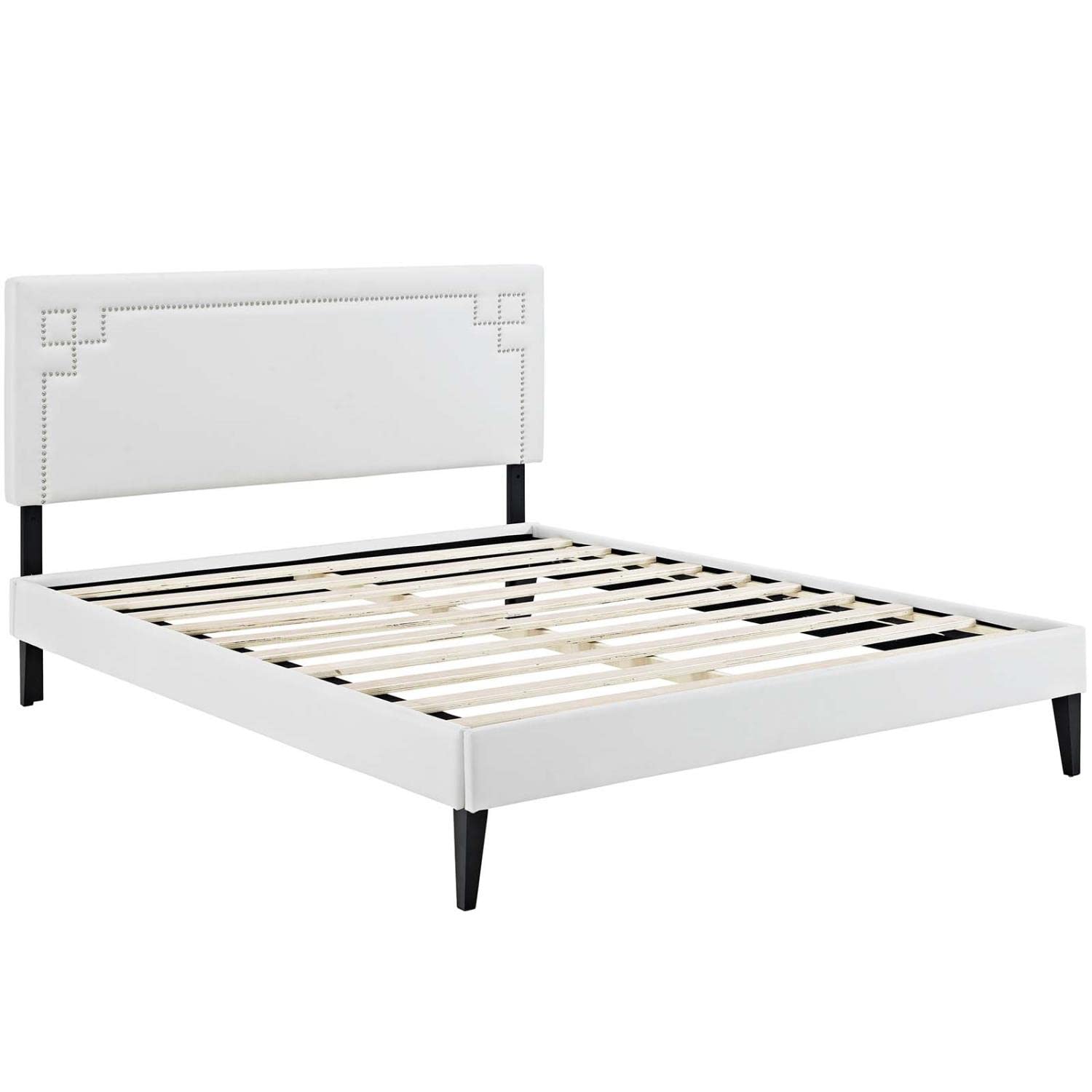 Bed | CasaFoyer Ruthie Platform Bed | Solid Wood | Vinyl Upholstery | Tapered Legs | No Box Spring Needed | Compatible with Memory Foam Mattresses | Queen Size | White | casafoyer.myshopify.com