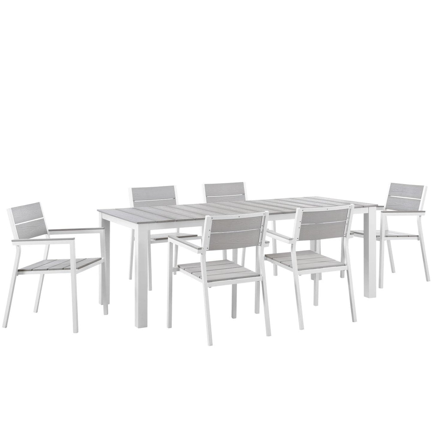 Dining Table | Maine Outdoor Patio Dining Furniture Collection | Synthetic Wood Grain Plank Boards | Aluminum Frame | Contemporary Design | Ideal for Outdoor Dining | Includes 80 Dining Table & 6 Armchairs | casafoyer.myshopify.com