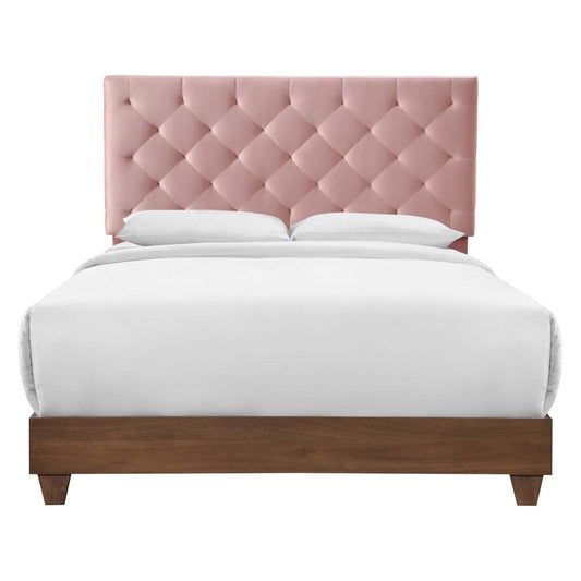 Bed | CasaFoyer Rhiannon Diamond Tufted Performance Velvet Upholstered Queen Bed | Walnut | Stain-Resistant | Dual Support Planks | Elegant Design | casafoyer.myshopify.com