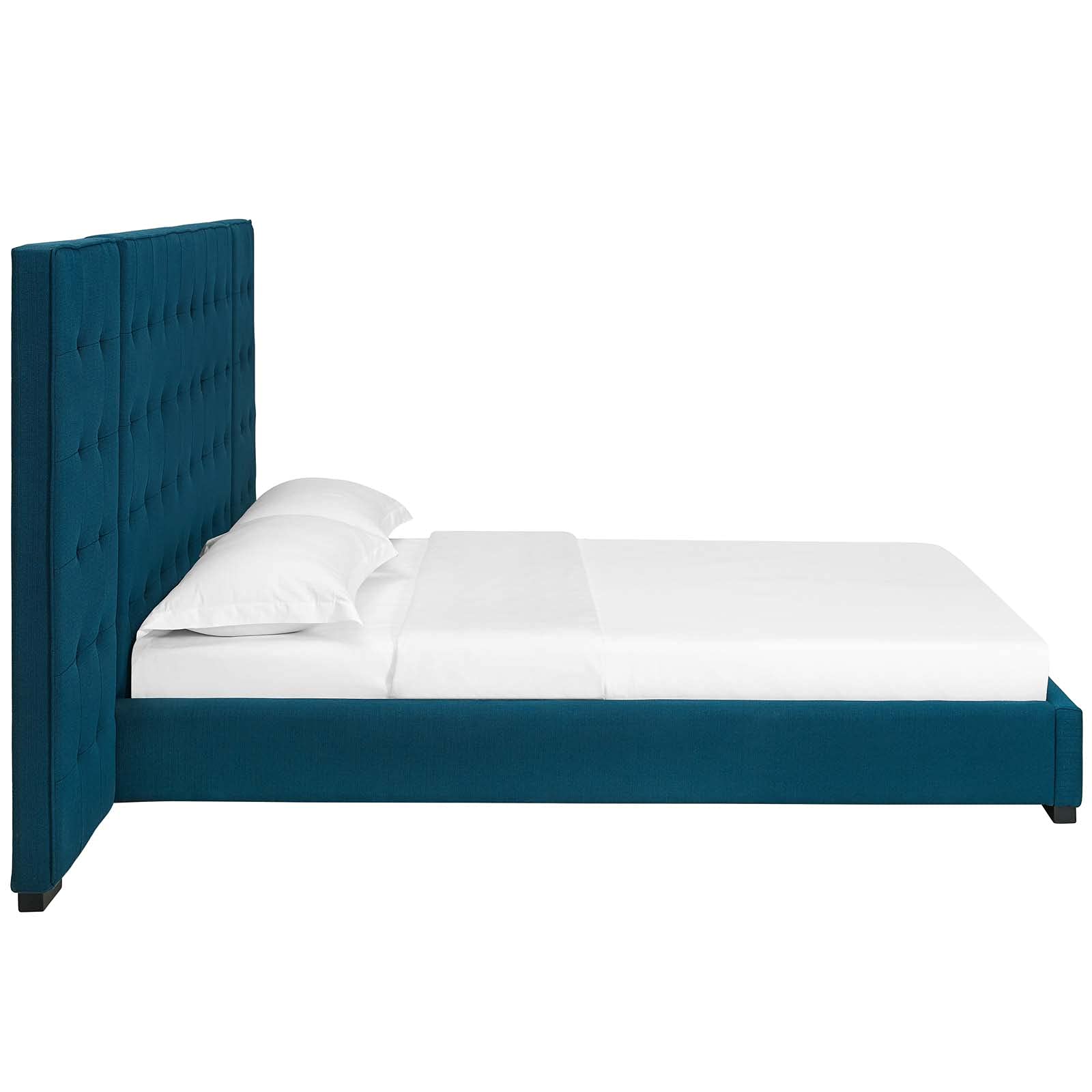 Bed | CasaFoyer Primrose Queen Platform Bed | Timeless Charm | Soft Polyester Upholstery | Foam Padded | Wall Panels | Black-Stained Wood Legs | Biscuit Tufting | Sturdy Slat Support System | 1322 lbs Weight Capacity | casafoyer.myshopify.com