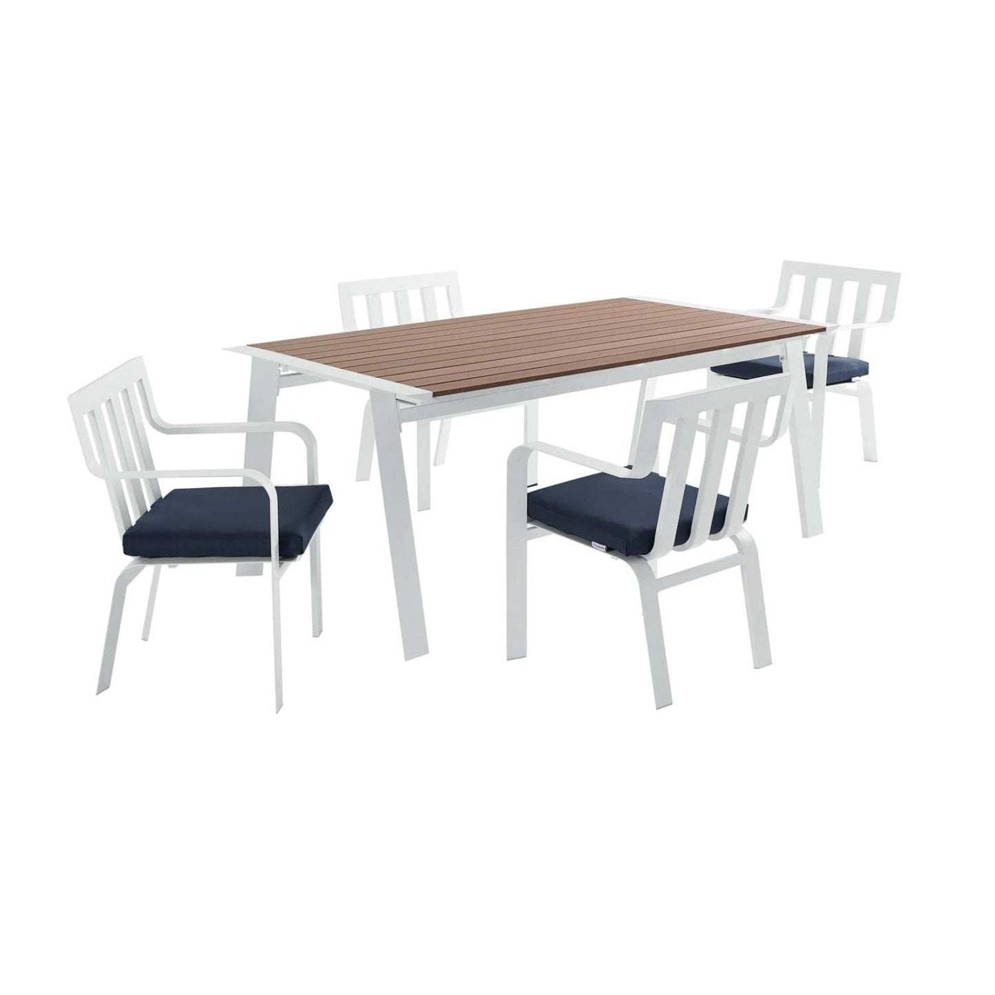 kitchen and dining room sets | CasaFoyer Outdoor 5 Piece Dining Patio Set | Roanoke 73 Aluminum Table | 4 Baxley Stackable Armchairs | White | UV Resistant Fabric | Stylish & Functional | casafoyer.myshopify.com