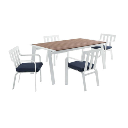 kitchen and dining room sets | CasaFoyer Outdoor 5 Piece Dining Patio Set | Roanoke 73 Aluminum Table | 4 Baxley Stackable Armchairs | White | UV Resistant Fabric | Stylish & Functional | casafoyer.myshopify.com