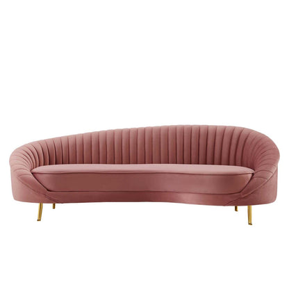 sofas | CasaFoyer Camber Channel Tufted Performance Velvet Sofa | Retro Modern Style | Luxurious & Glamorous | Curved Back Design | Mid-Century Elegance | Dense Foam Padding | Sturdy Frame | Splayed Gold Metal Legs | Dusty Rose | casafoyer.myshopify.com