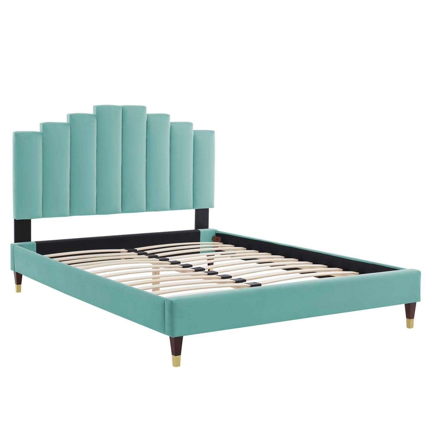adjustable bed bases | CasaFoyer Elise Performance Velvet Queen Platform Bed | Art Deco Style | Stain-Resistant | Gold Metal Legs | Supports Memory Foam, Innerspring, Latex, Hybrid Mattresses | casafoyer.myshopify.com