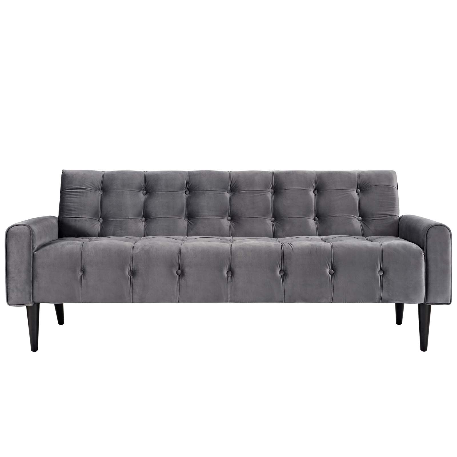 sofas | CasaFoyer Delve Performance Velvet Sofa | Luxurious Stain-Resistant Upholstery | Tufted Buttons | Curved Armrests | Solid Wood Legs | Dense Foam Padding | Non-Marking Foot Glides | Gray | casafoyer.myshopify.com