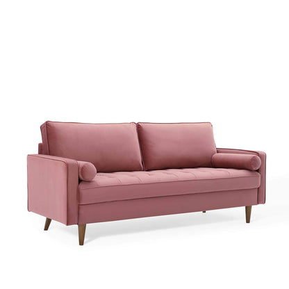 sofas | CasaFoyer Valour Performance Velvet Sofa | Timeless Elegance, Modern Convenience | Biscuit Tufting, Bolster Pillows | Stain-Resistant, Dense Foam Padding | Innerspring Pocket Coils | Walnut Legs | Easy Assembly | Dusty Rose | casafoyer.myshopify.com