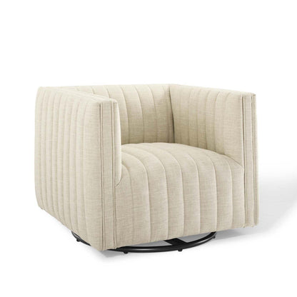 home office desk chairs | CasaFoyer Conjure Channel Tufted Fabric Upholstered Swivel Armchair | Luxurious & Stylish | Living Room, Lounge, Home Office | Retro Modern Design | Spring Coils, Dense Foam Padding | Rotating Base | 441 lbs Weight Capacity | Fully Assembled | Beige | casafoyer.myshopify.com