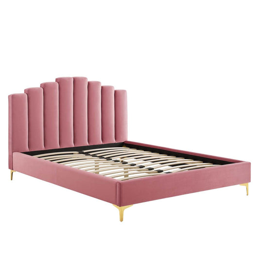 Bed | CasaFoyer Olivia Performance Velvet Queen Platform Bed | Opulent Art Deco Design | Stain-Resistant Velvet Upholstery | Gold Metal Legs | Wood Slat Support System | 800 lbs Weight Capacity | casafoyer.myshopify.com