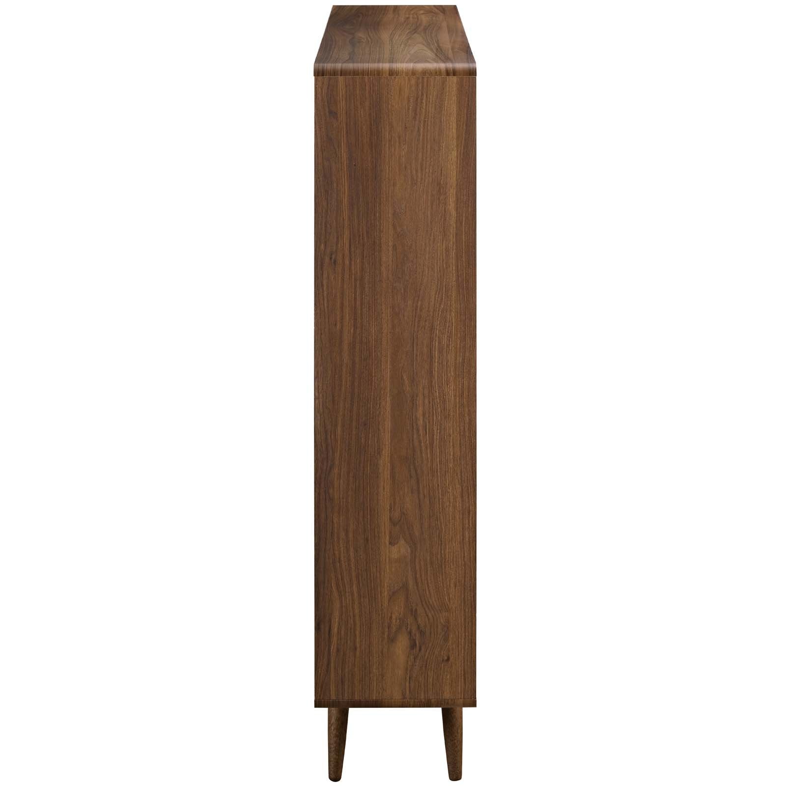 bookcases | Ergode Transmit Walnut Grain Laminate Bookcase | Stylish Mid-Century Design | 3-Tiered with Offset Shelf Dividers | Perfect for Living Room or Entryway | casafoyer.myshopify.com