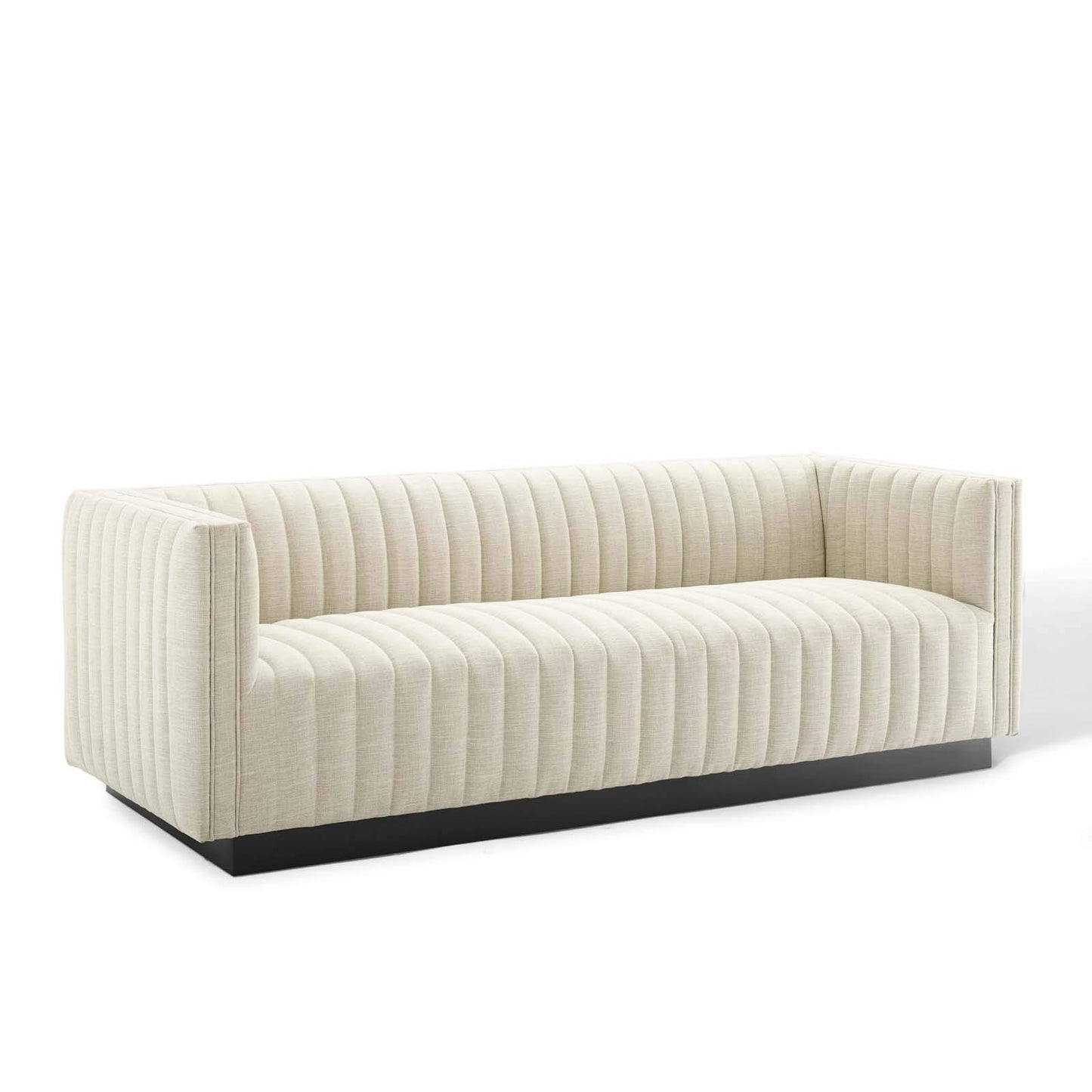 sofas | CasaFoyer Conjure Channel Tufted Fabric Upholstered Sofa | Luxurious Glam Deco Style | Retro Modern Charm | Comfortable Seating | Matte Black Wooden Base | casafoyer.myshopify.com